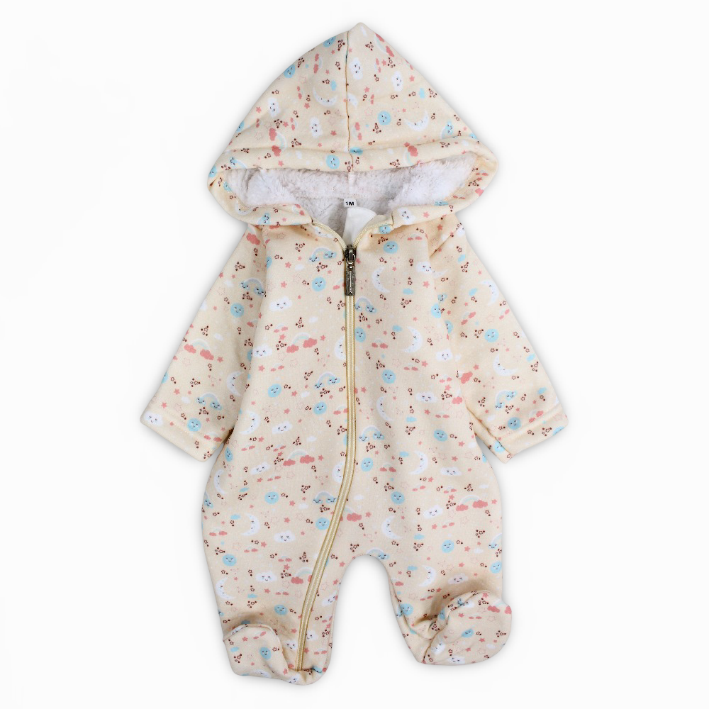 Baby Girls Cotton Hooded Baby Footie - Salmon with Clouds and Moon Print