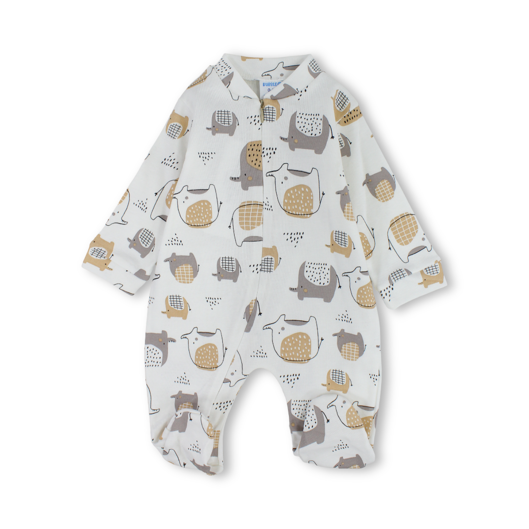 Baby Boys Cotton Baby Footie – Off-White with Elephants Print
