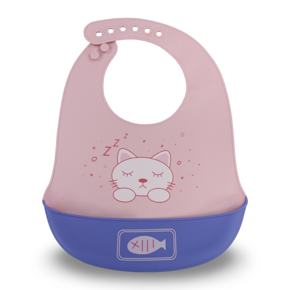 True Gold Silicone Baby Bib with Food Catcher Pocket – Pink with Sleepy Cat Design
