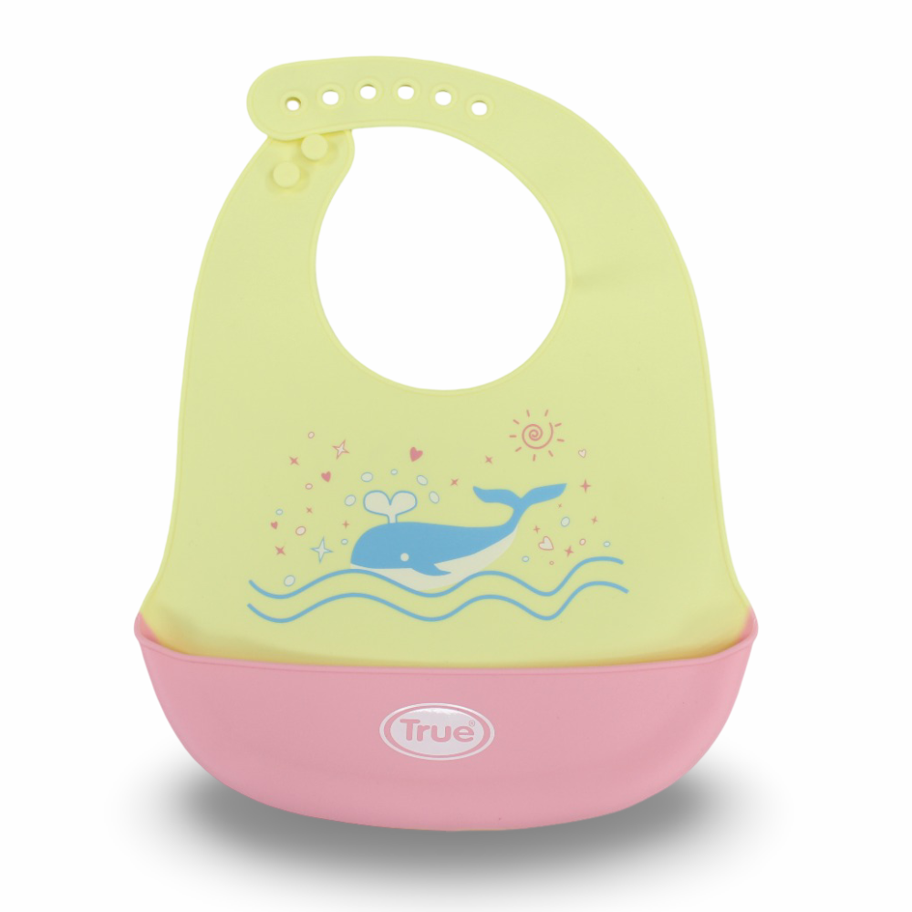 True Gold Silicone Baby Bib with Food Catcher Pocket – Yellow with Whale Design - Baby Essentials