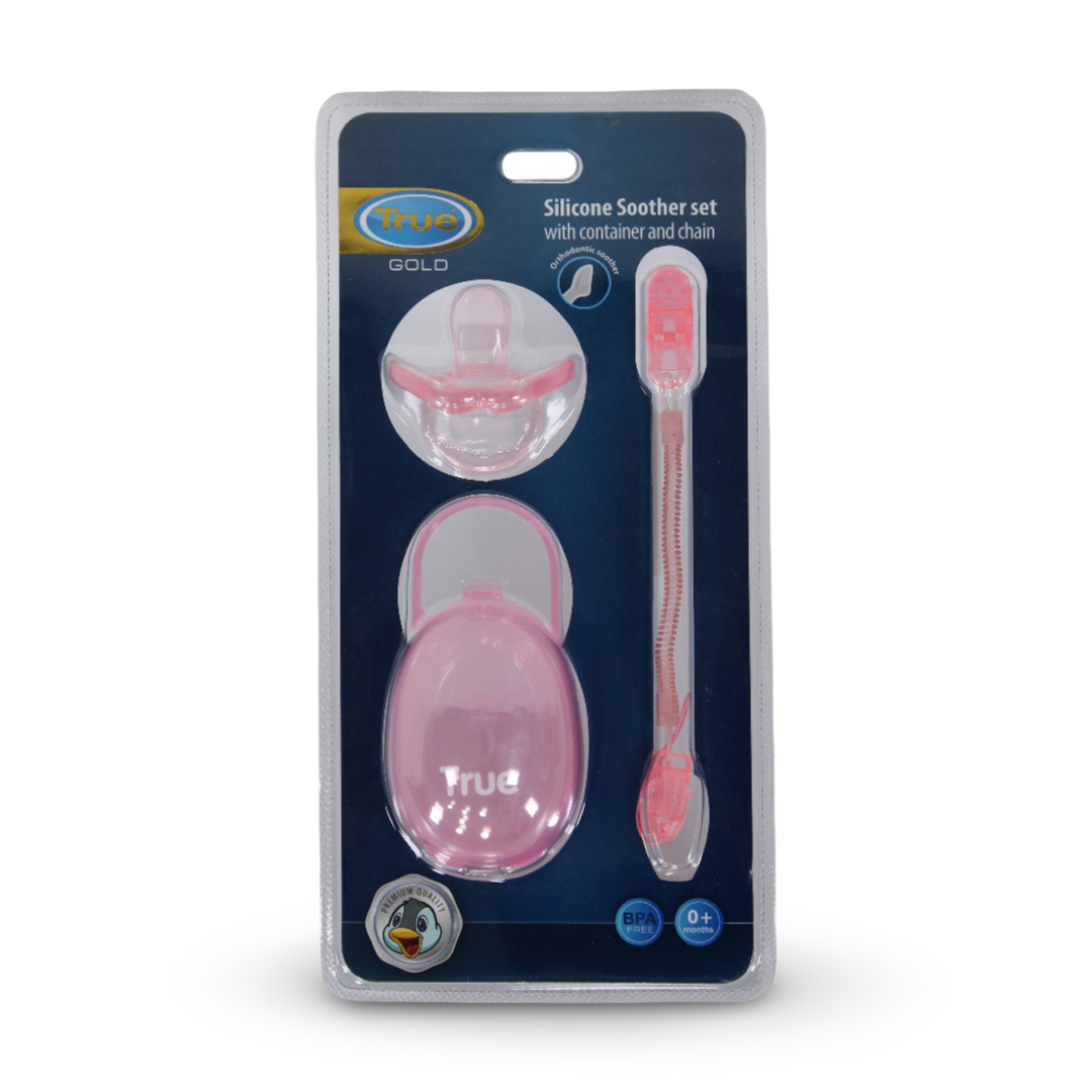 True Gold Silicone Pacifier Set – Pink (Silicone Soother, Chain & Case) - Baby Essentials