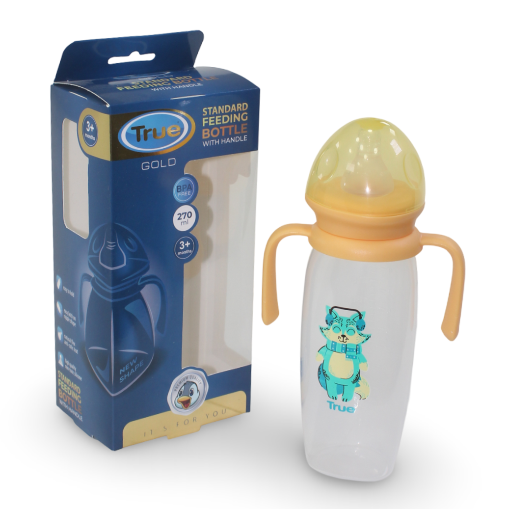 True Gold Series Standard Feeding Bottle with Handles 3m+ 270ml – Yellow - Baby Essentials