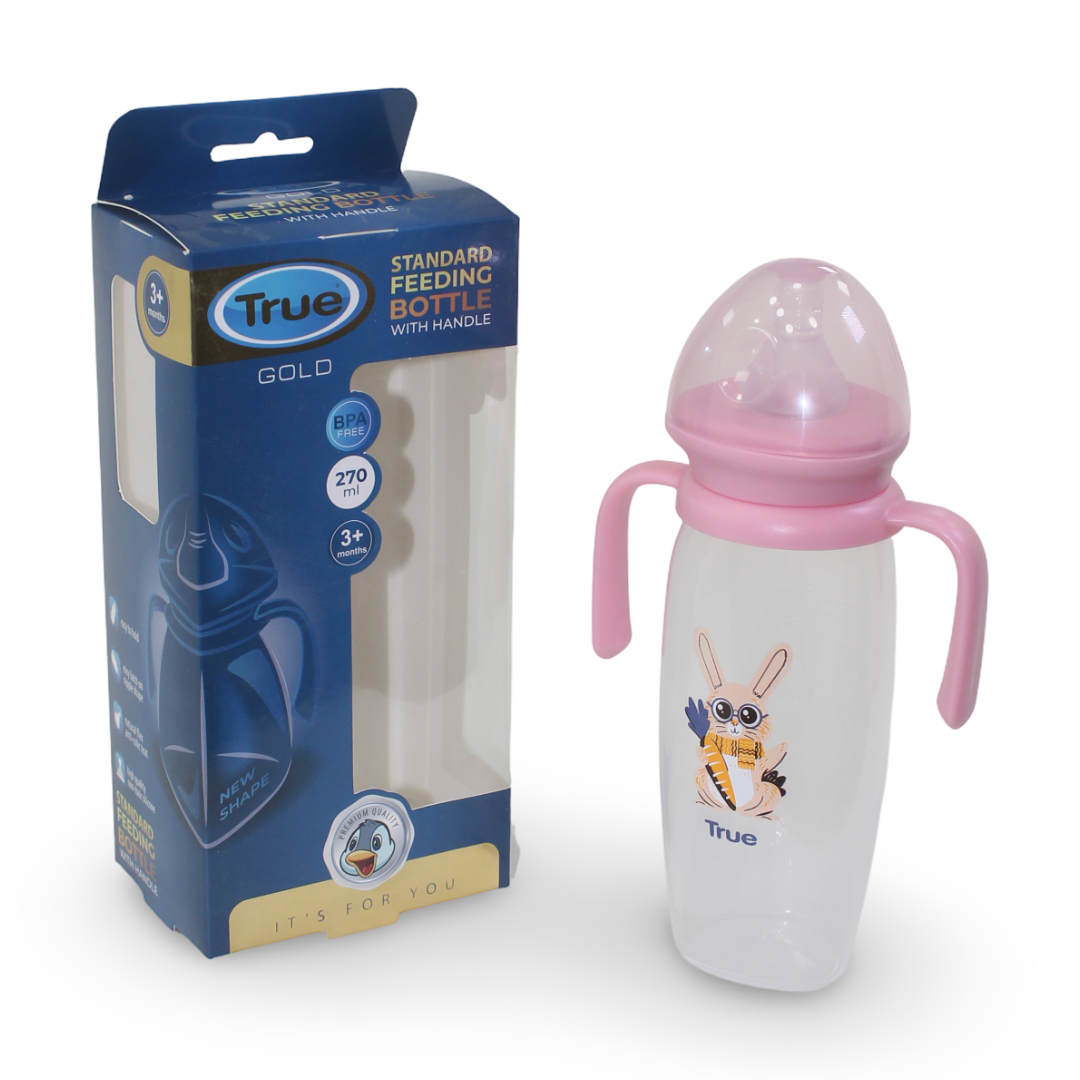 True Gold Series Standard Feeding Bottle with Handles 3m+ 270ml – Pink - Baby Essentials