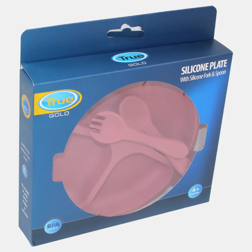 True Gold Silicone Feeding Set – Plate, Fork & Spoon – Pink