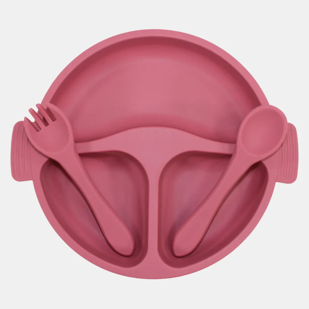 True Gold Silicone Feeding Set – Plate, Fork & Spoon – Pink
