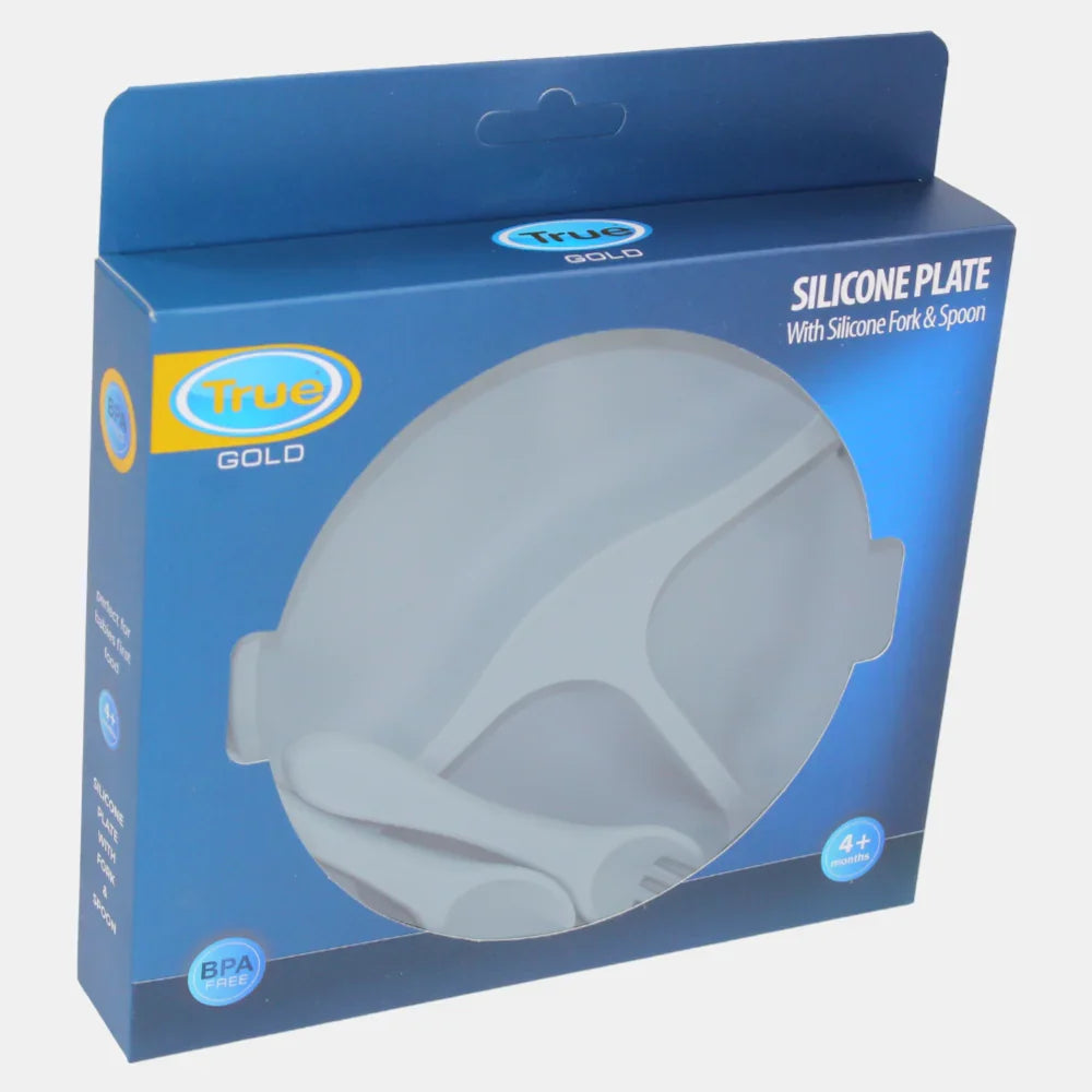 True Gold Silicone Feeding Set – Plate, Fork & Spoon – Grey