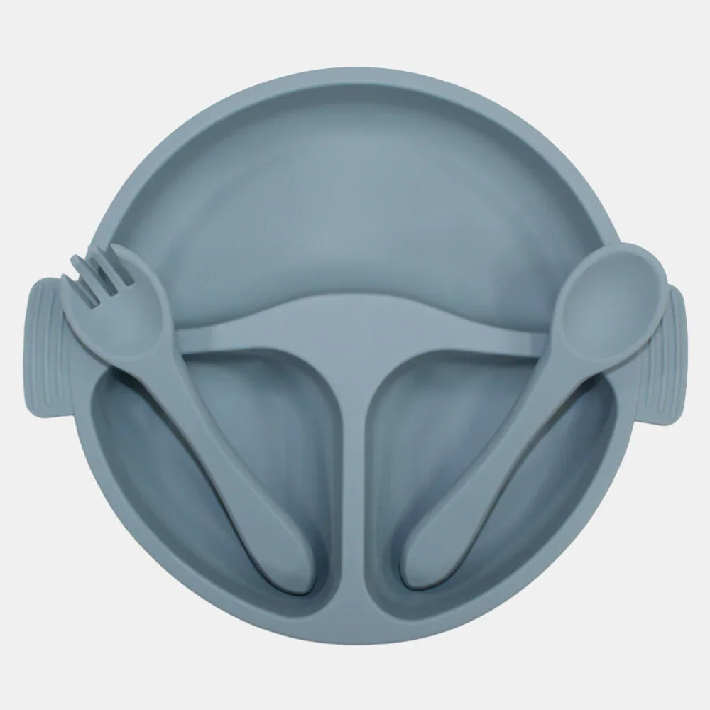 True Gold Silicone Feeding Set – Plate, Fork & Spoon – Grey