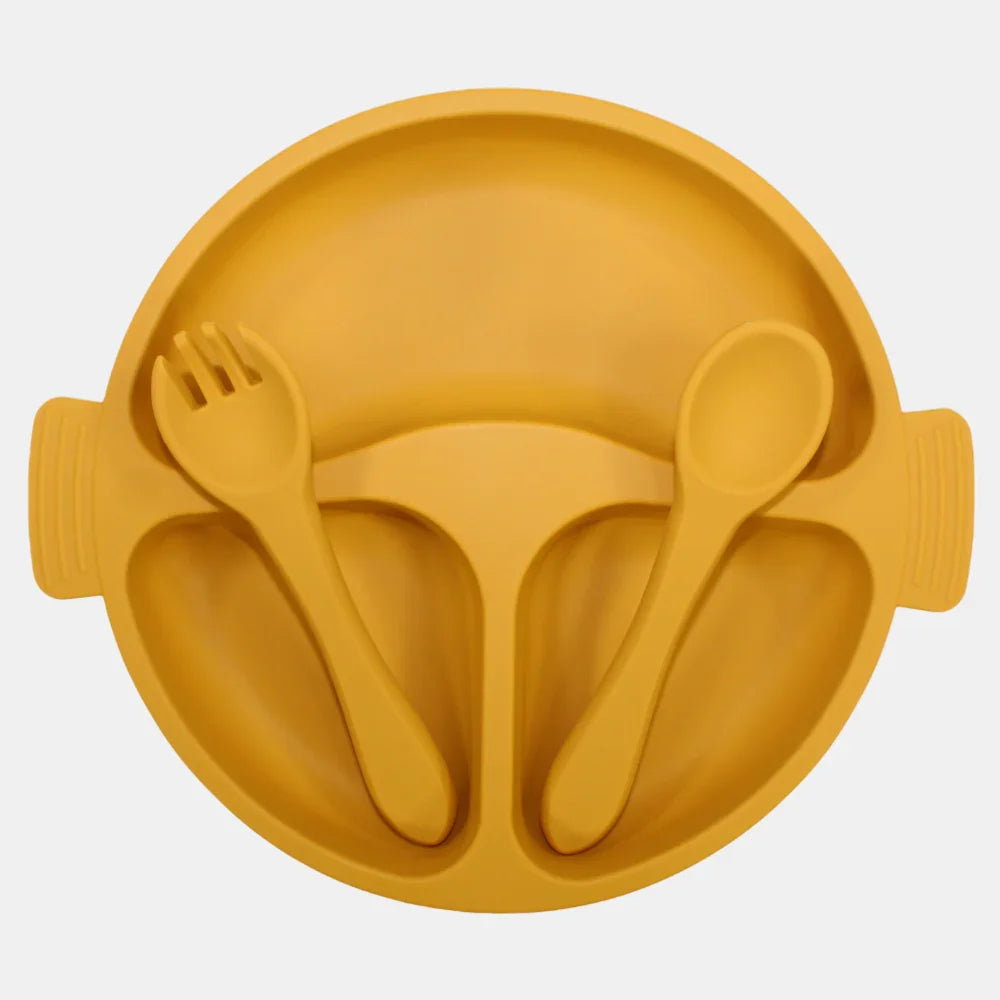 True Gold Silicone Feeding Set – Plate, Fork & Spoon – Yellow
