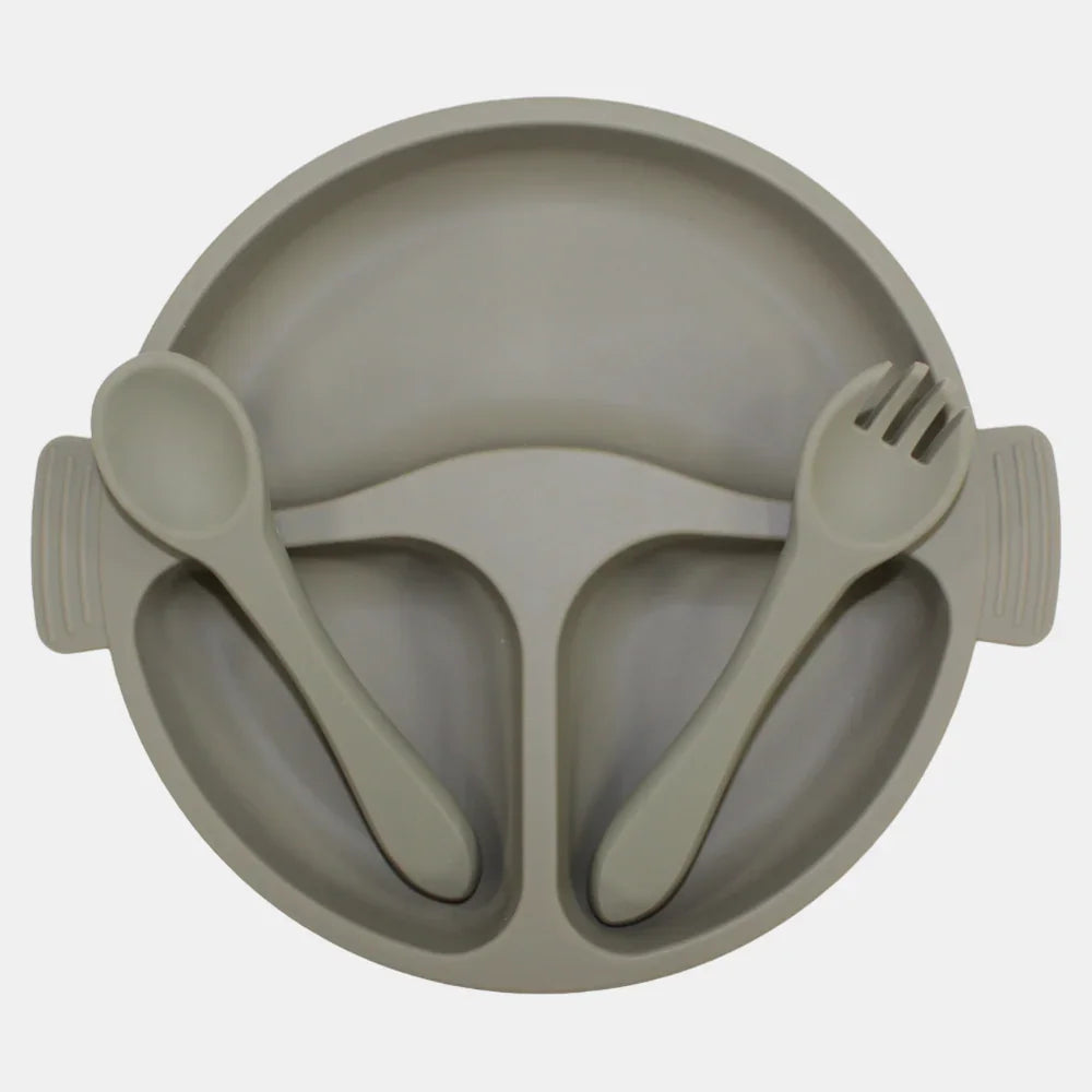 True Gold Silicone Feeding Set – Plate, Fork & Spoon – Olive Green