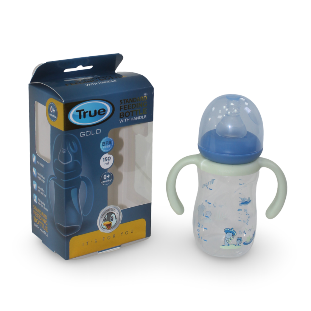 True Gold Standard Feeding Bottle With Handle 150ml – Blue - Baby Essentials