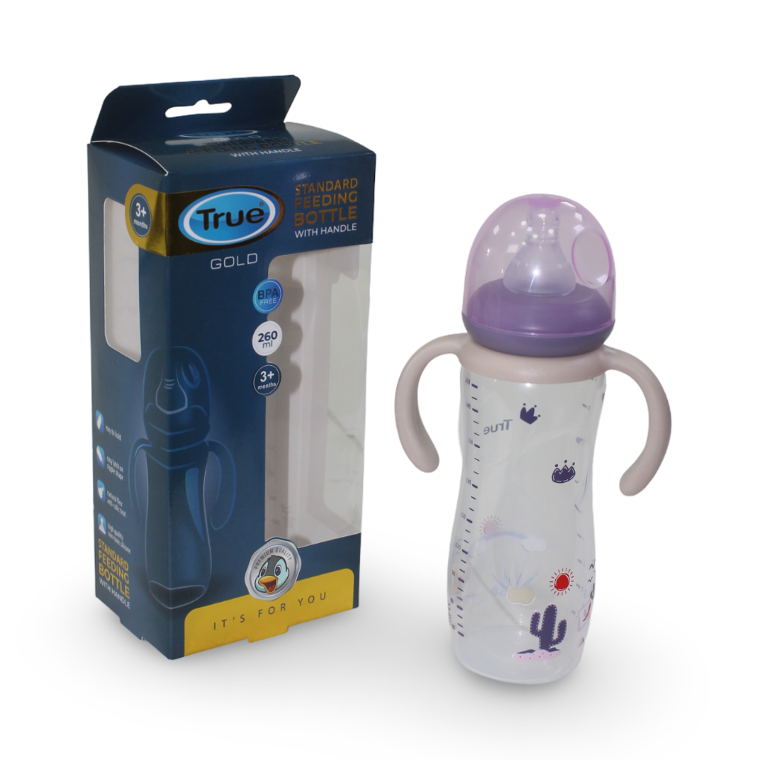 True Gold Standard Feeding Bottle with Handles 260ml 3m+ – Purple - Baby Essentials