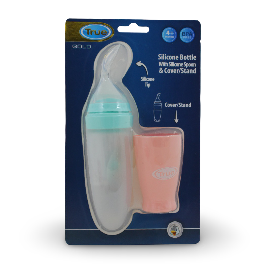 True Gold Silicone Feeding Bottle with Spoon – Pink - Baby Essentials
