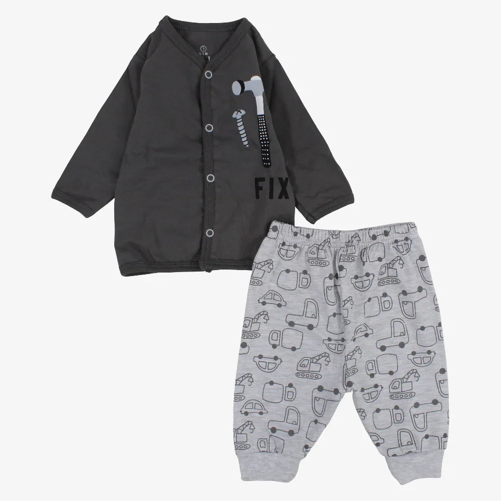 Baby Boys’ Cotton Pajama – Cars & Tools Print – Grey