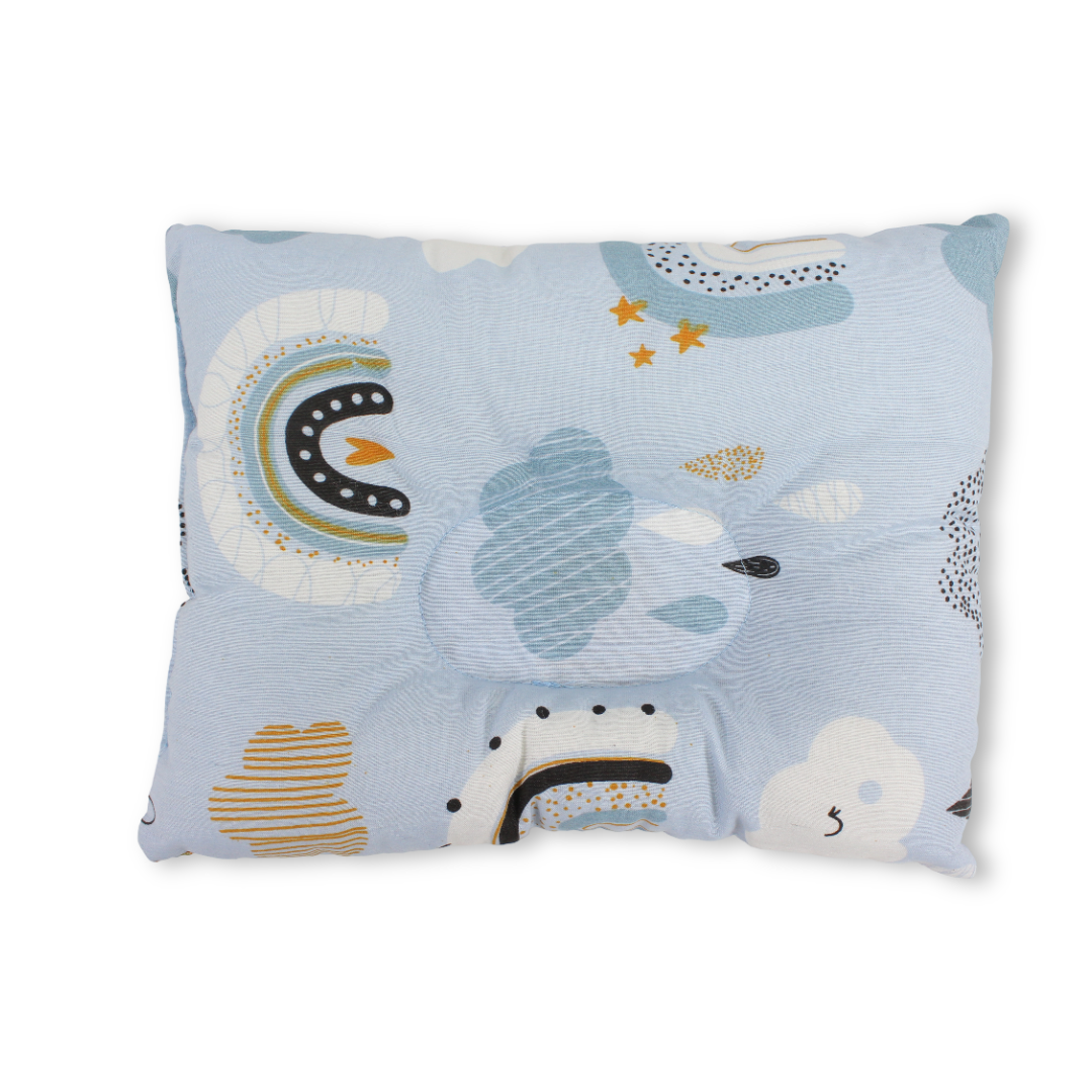 Cotton Baby Small Pillow – Baby Blue with Cloud & Rainbow Print