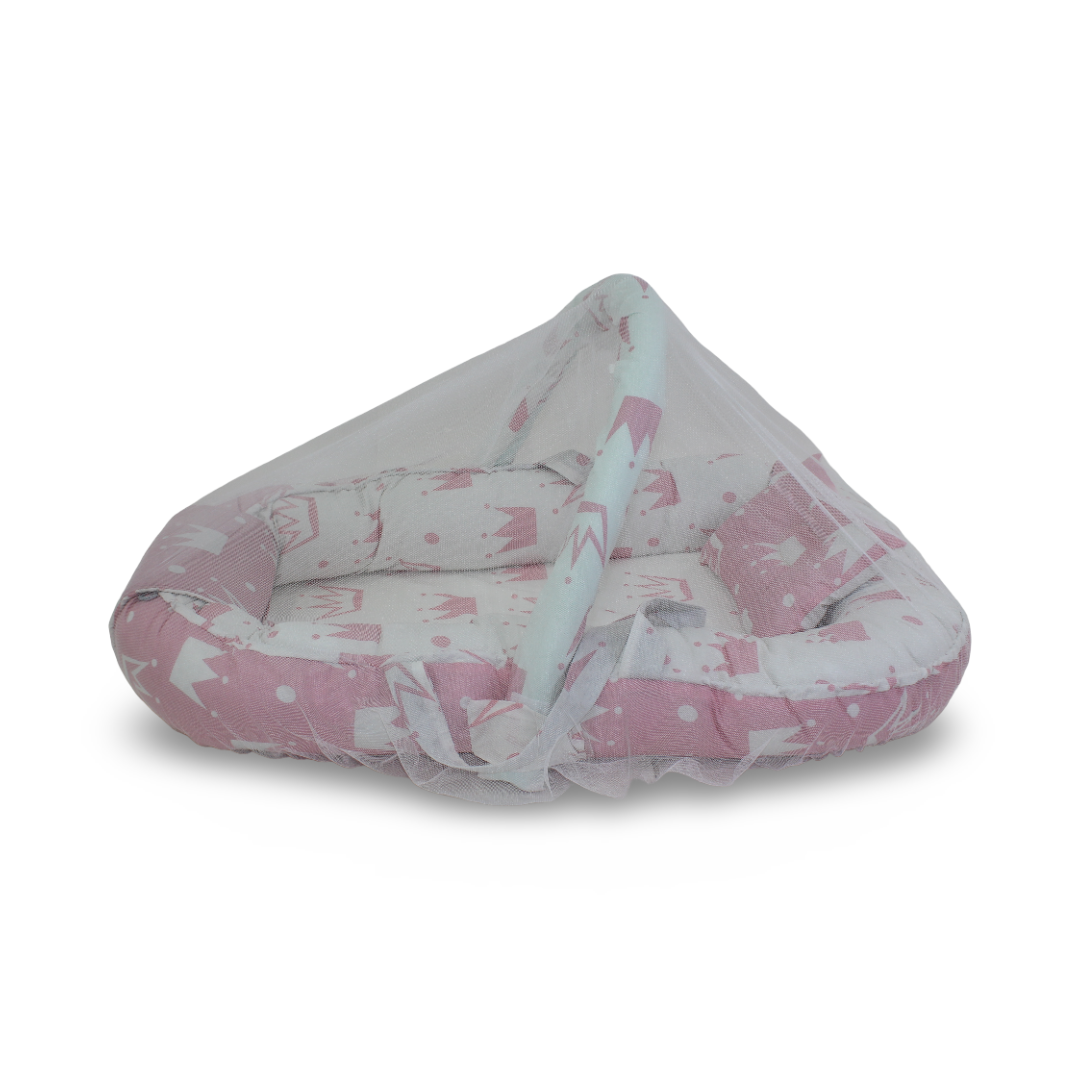 Cotton Baby Nest – Pink with Crown Print