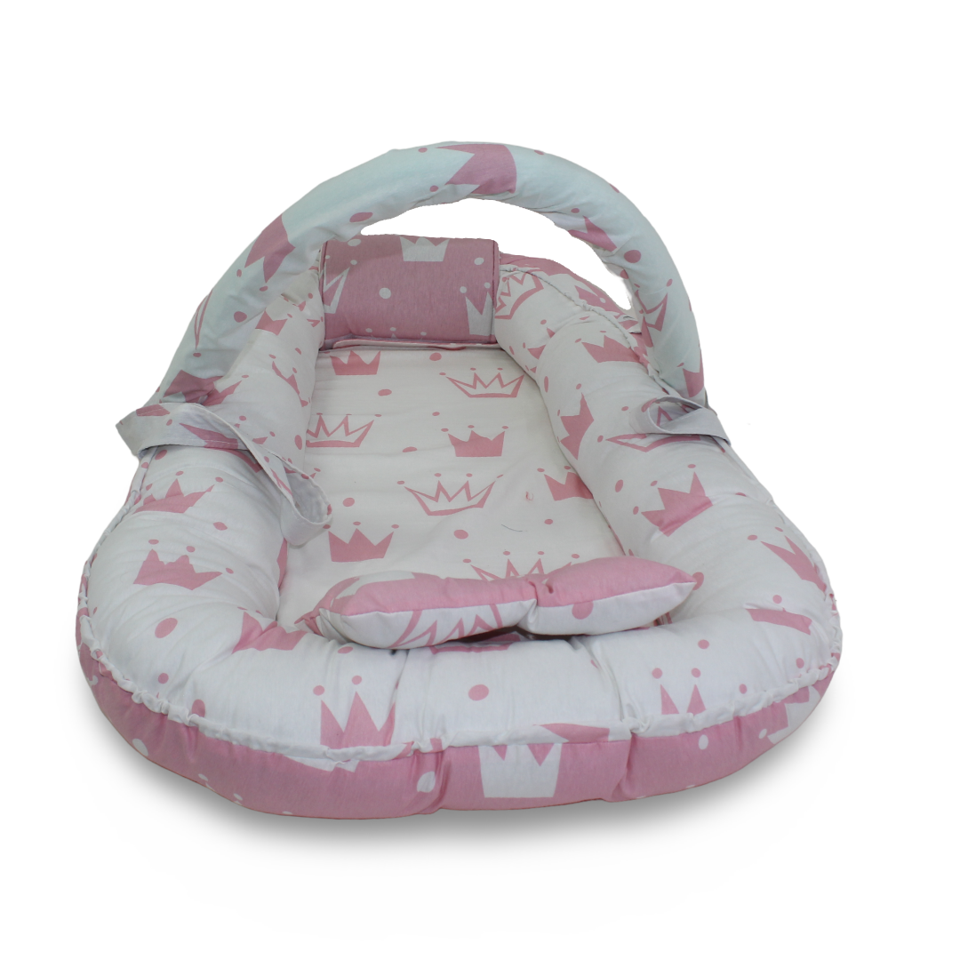 Cotton Baby Nest – Pink with Crown Print