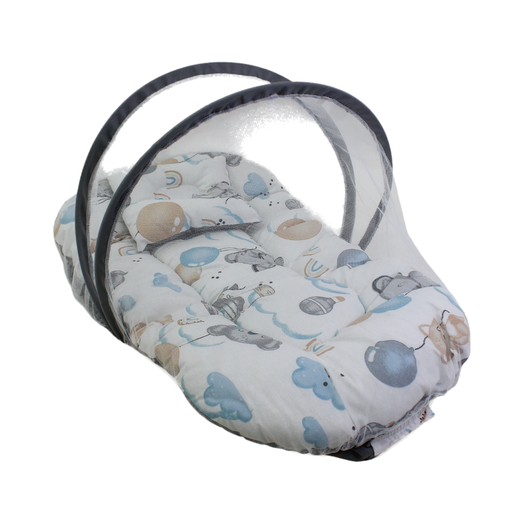 Kiddy Cotton Mosquito Net – Off-White with Elephant & Balloon Print - Baby Essentials