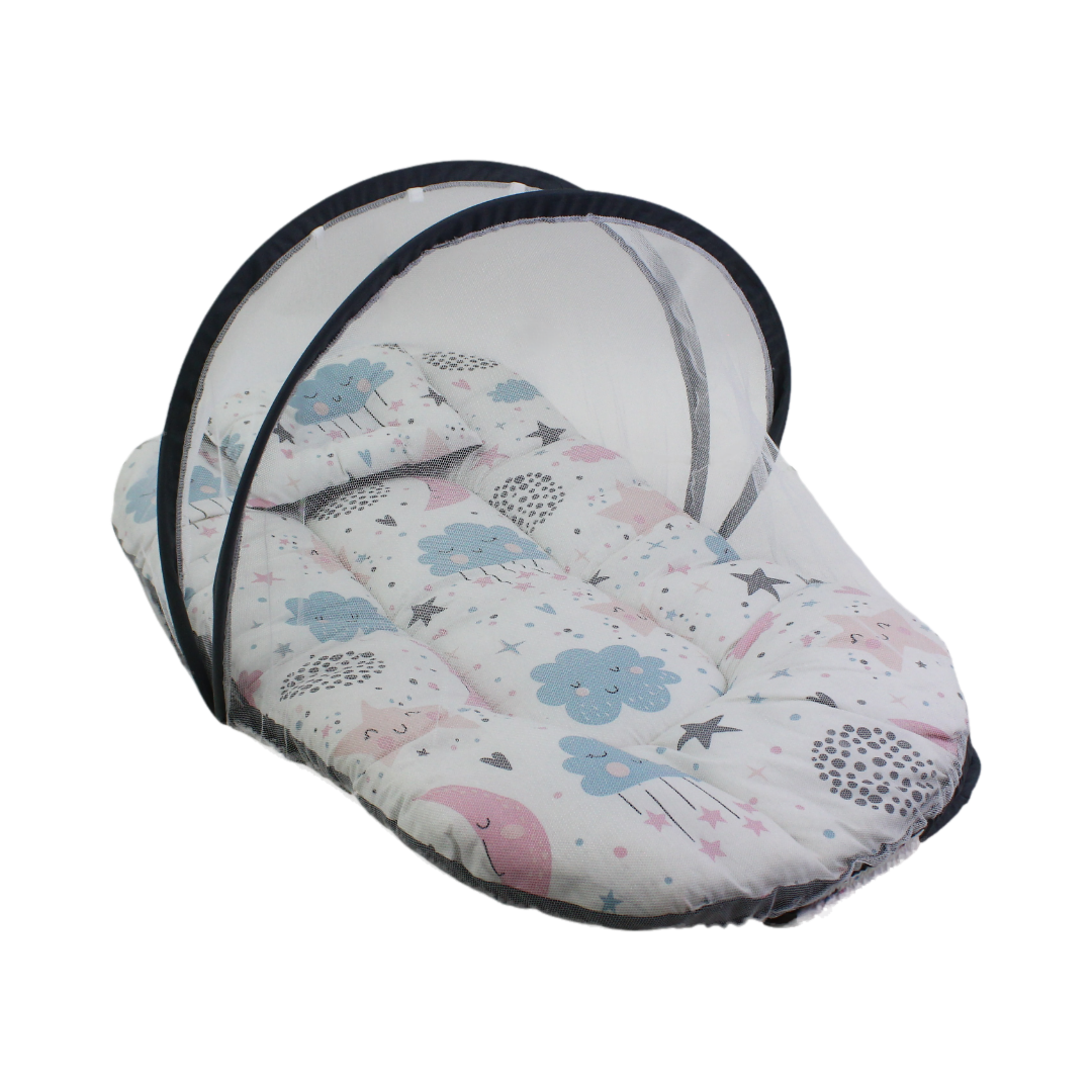 Kiddy Cotton Mosquito Net – Off-White with Cloud Print - Baby Essentials