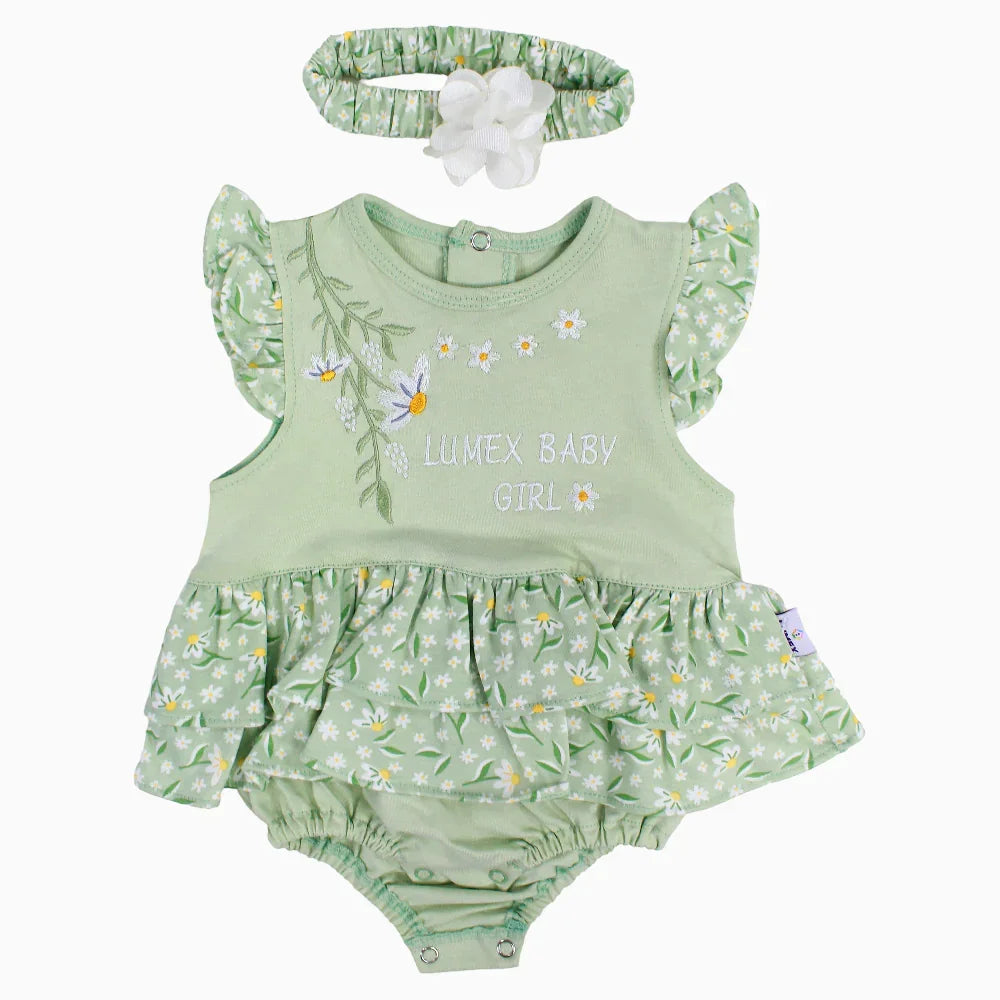 Baby Girls Cotton Romper - Mint with Floral Print