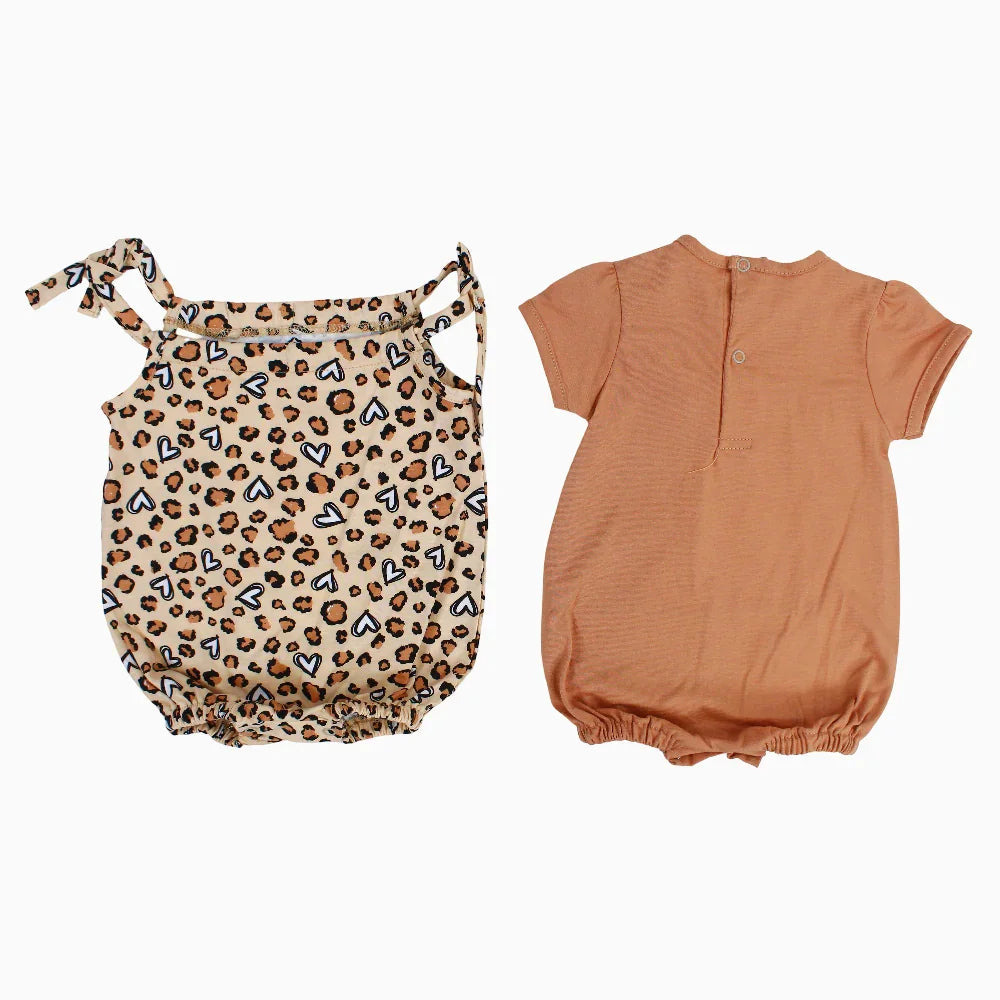Pack of 2 - Baby Girls Cotton Romper – Brown with Playful Leopard Print