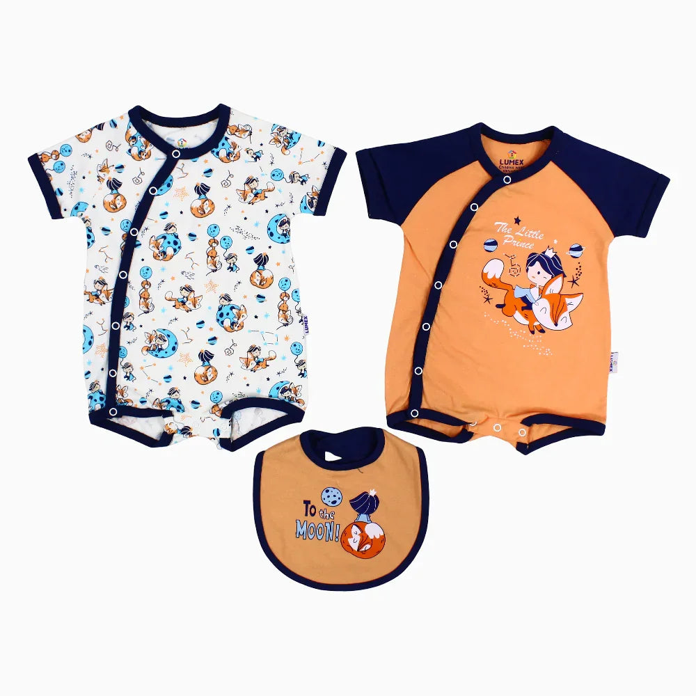 Pack of 2 - Baby Boys Cotton Romper – Orange with Little Prince Print and a Bib