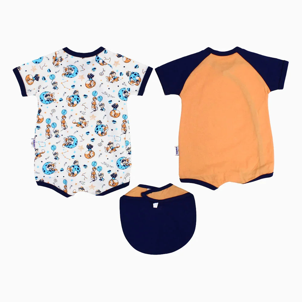 Pack of 2 - Baby Boys Cotton Romper – Orange with Little Prince Print and a Bib