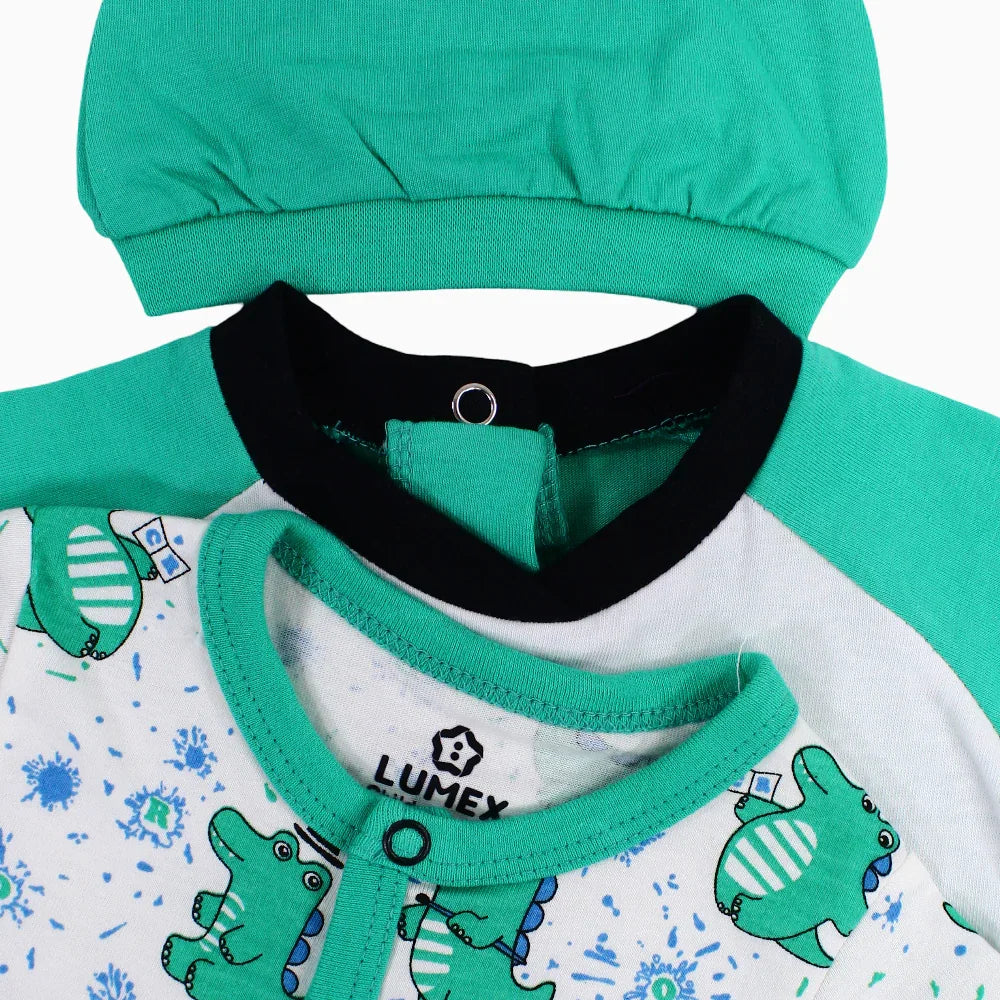 Pack of 2 - Baby Boys Cotton Romper – Green with Crocodile Print & a Beanie