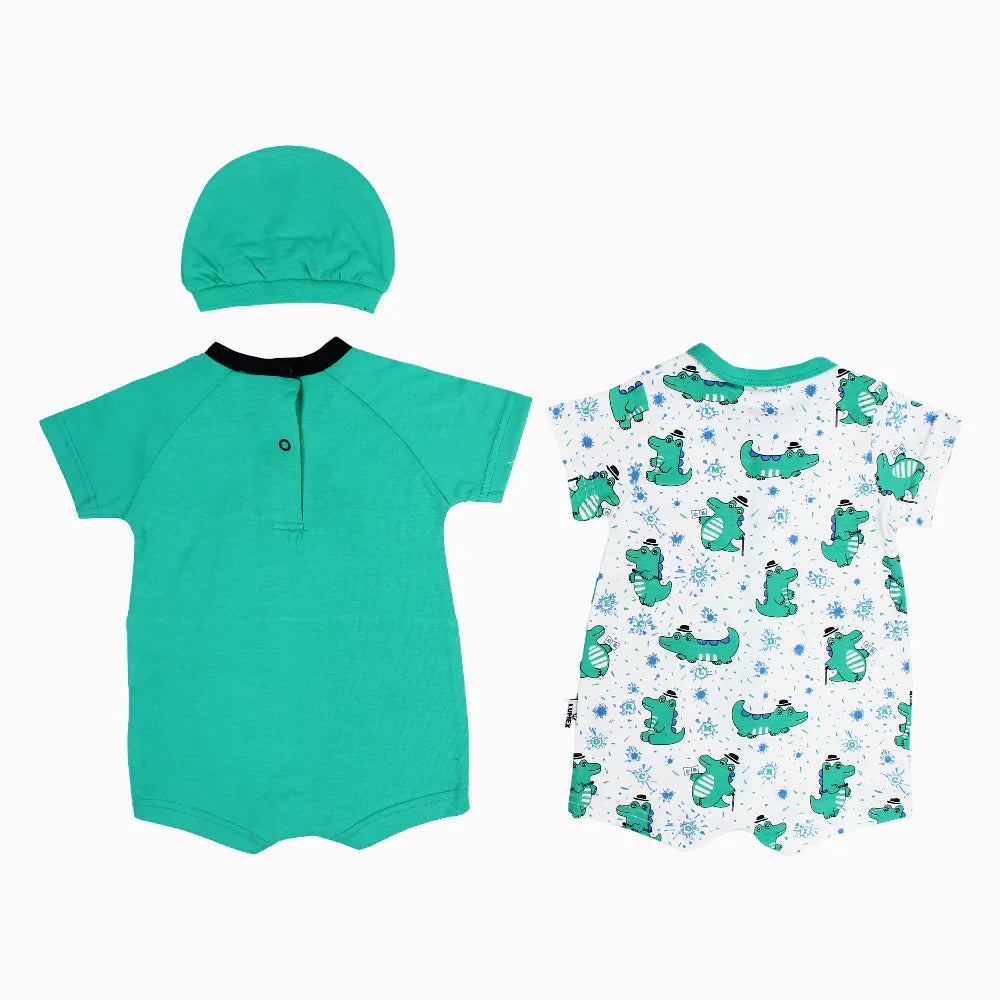 Pack of 2 - Baby Boys Cotton Romper – Green with Crocodile Print & a Beanie