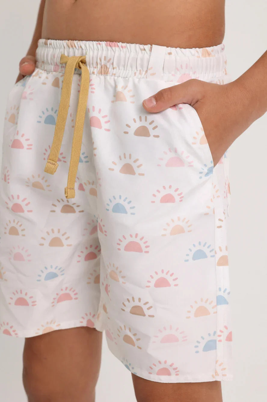 Boys Swimsuit – Off-White with Colorful Suns Print