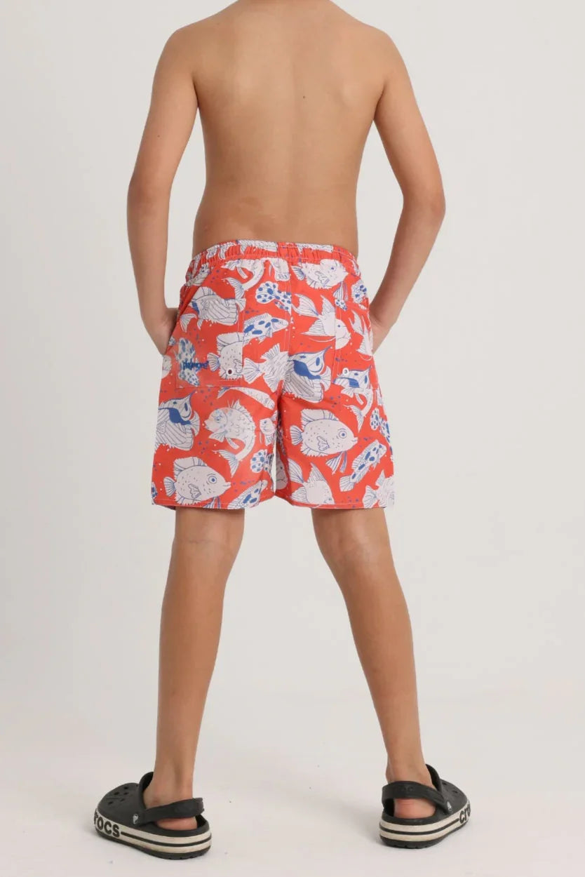 Boys Swimsuit – Red with Fish Print