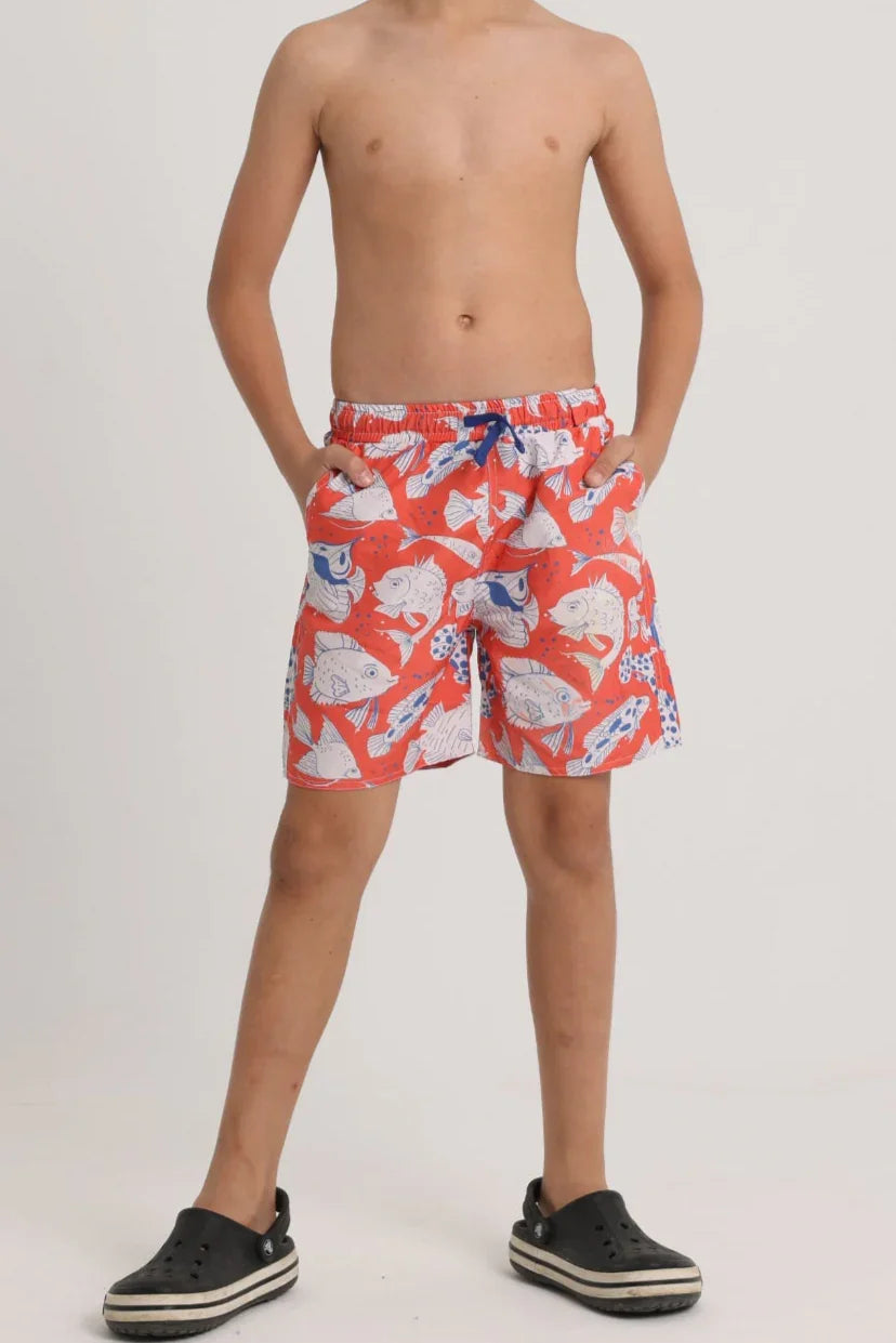 Boys Swimsuit – Red with Fish Print