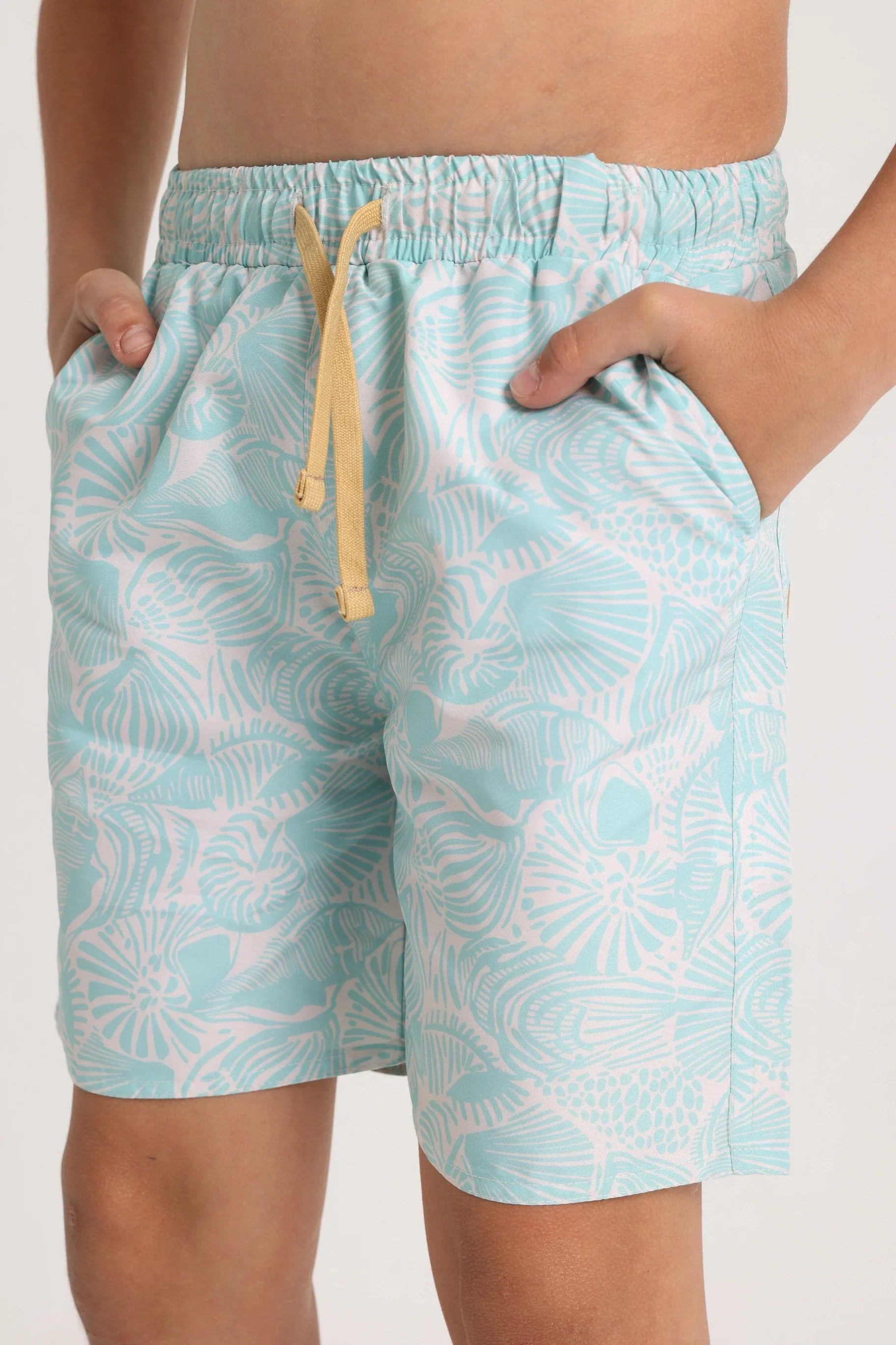 Boys Swimsuit – Aqua with Leaves Print