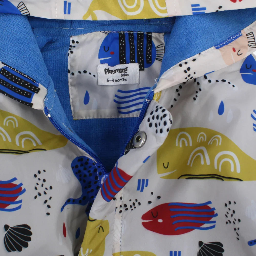 Unisex Baby Waterproof Swim Robe – Beige with Fish Prints