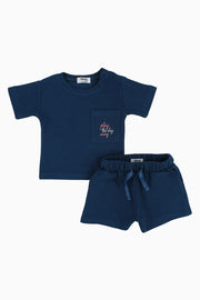 Unisex Baby Outfit Set – Petrol Blue Ribbed Short Sleeves