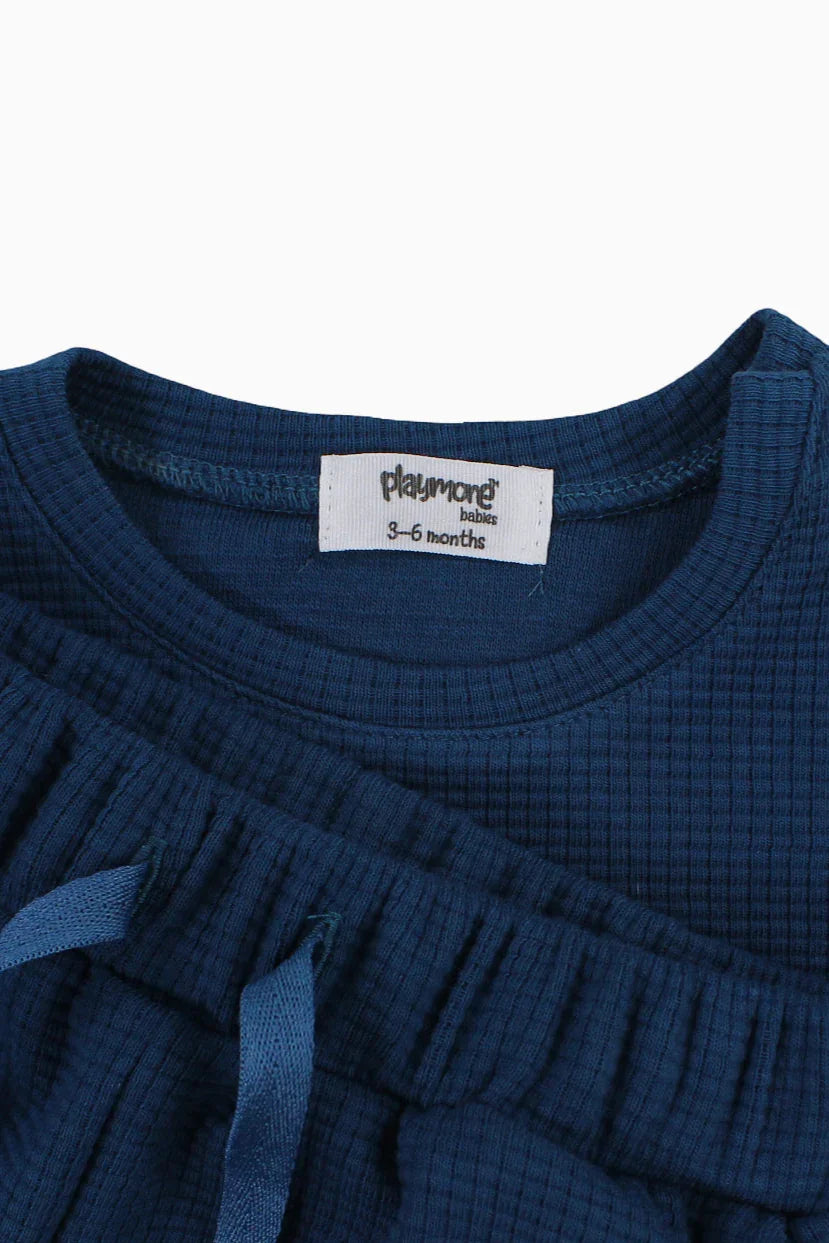 Unisex Baby Outfit Set – Petrol Blue Ribbed Short Sleeves