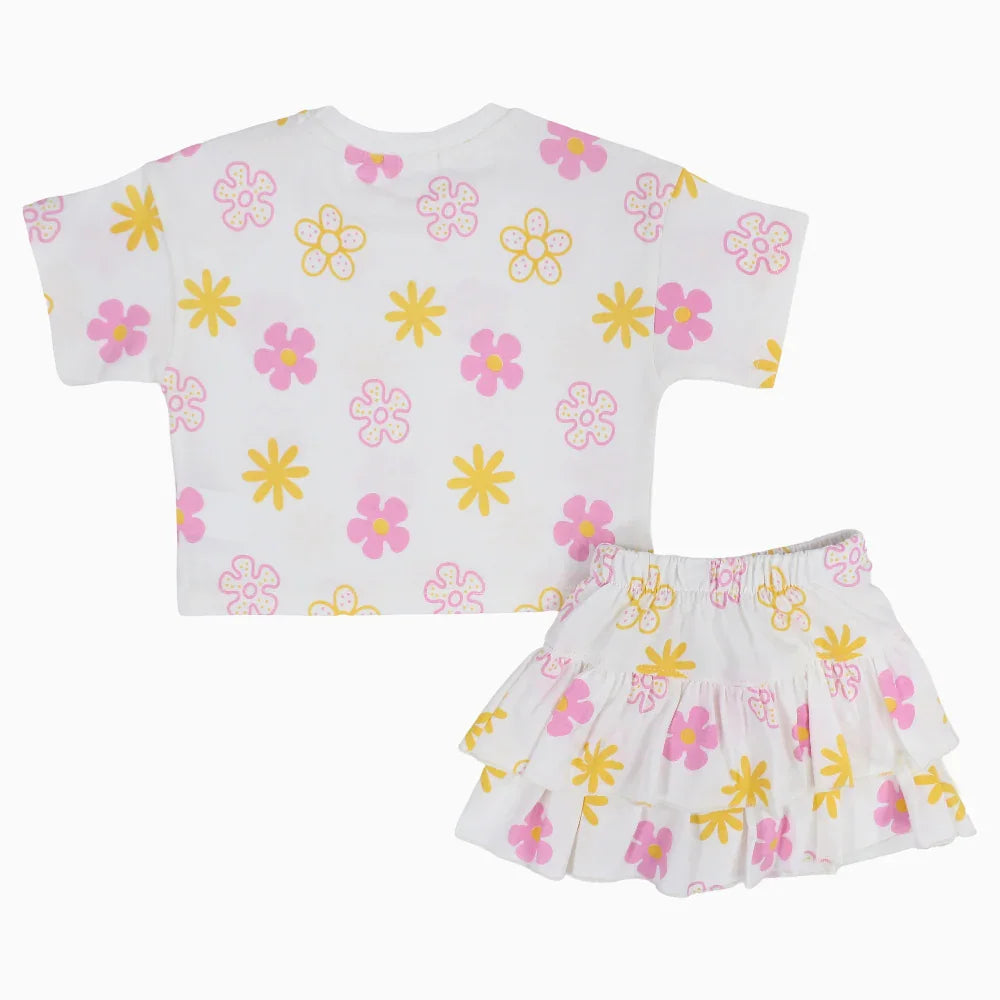 Baby Girls Cotton Outfit Set – Offwhite Printed Flowers Short Sleeves