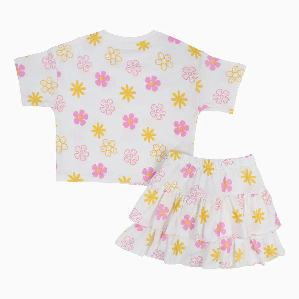 Girls Cotton Outfit Set – Offwhite Printed Flowers Short Sleeves