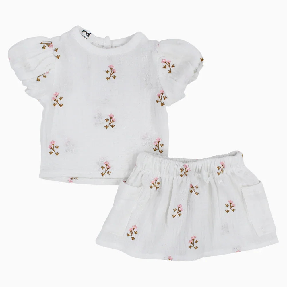 Baby Girls Cotton Outfit Set – Offwhite Embroidery Flowers Short Sleeves