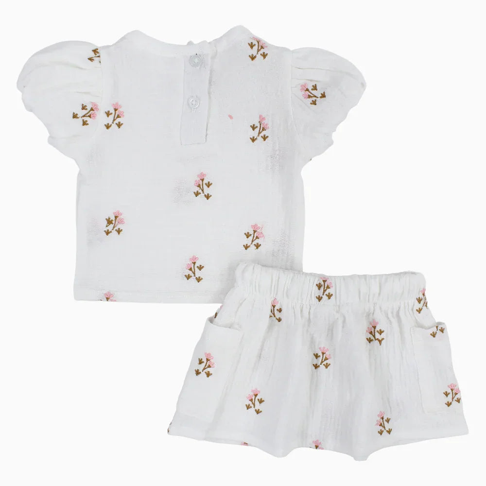 Baby Girls Cotton Outfit Set – Offwhite Embroidery Flowers Short Sleeves