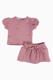 Baby Girls Cotton 2-Piece Outfit Set – Dusty Pink with Printed Flowers