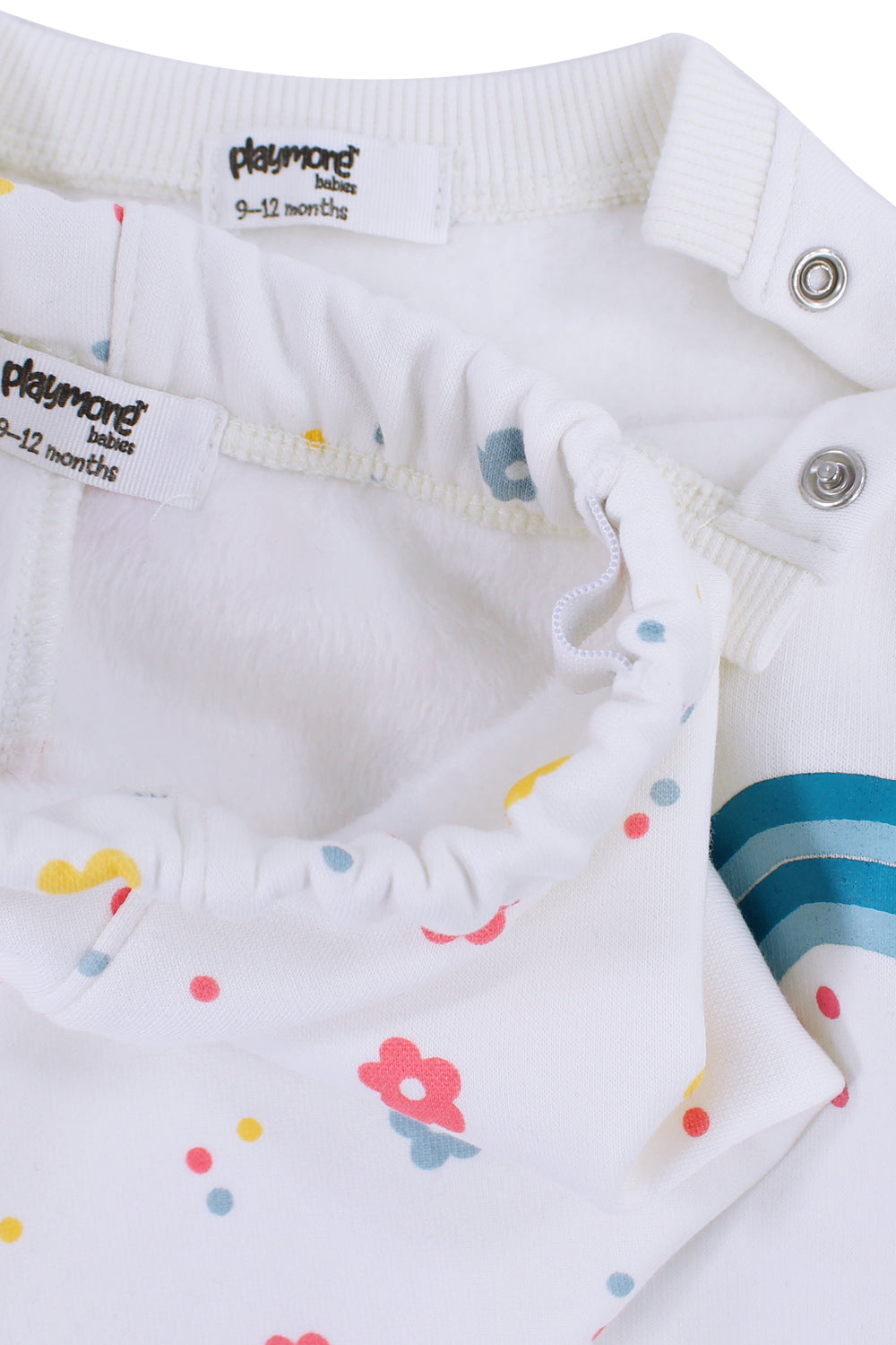 Baby Girls Cotton 2-Piece Outfit Set – Off-White with Rainbow & Flowers Print