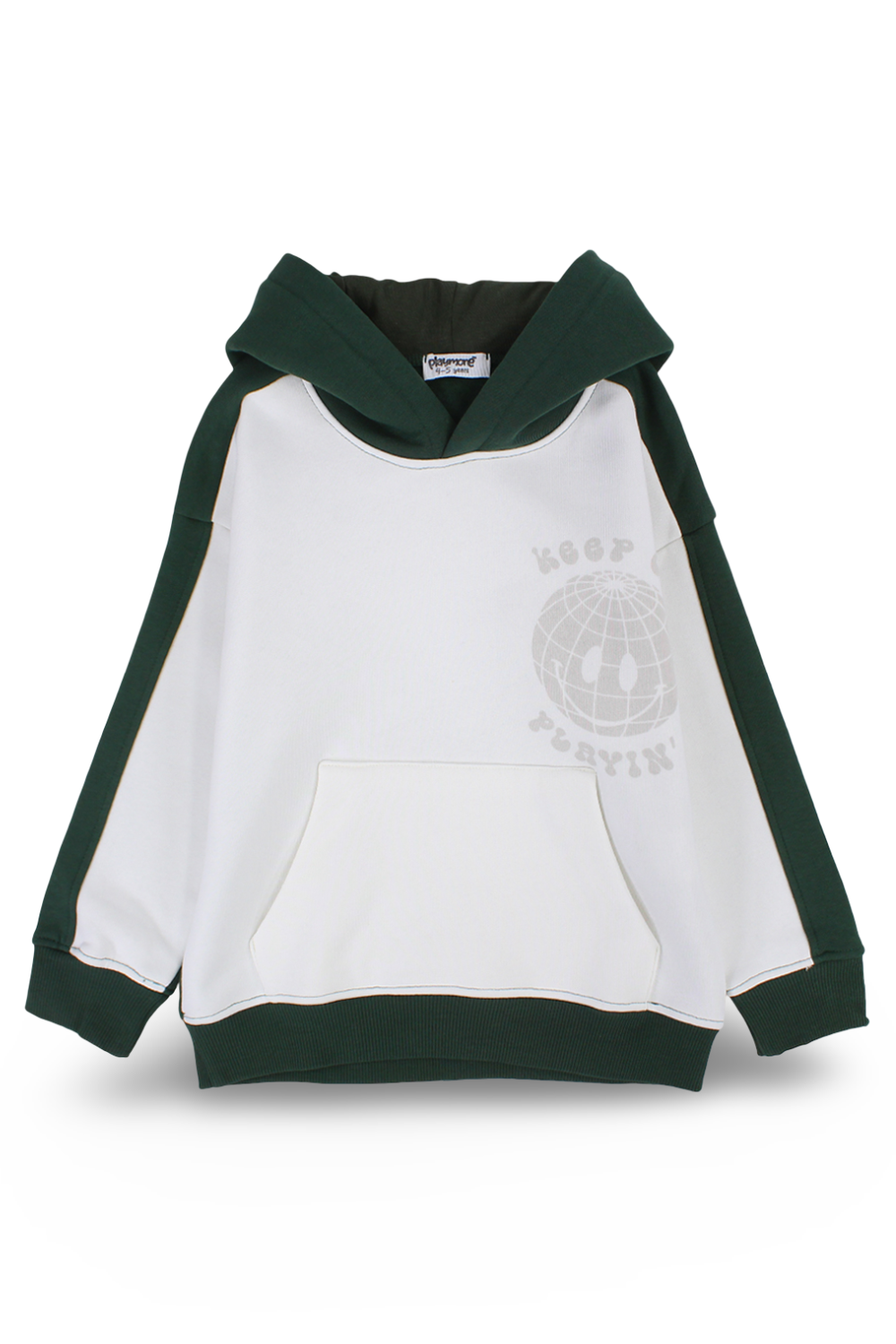 Boys Cotton Hoodie – Off-Wihte & Olive with "Keep on Playing" Print