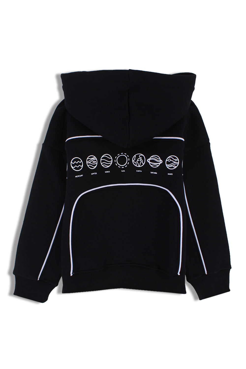 Boys Cotton Hoodie – Black with "Outer Space" Print