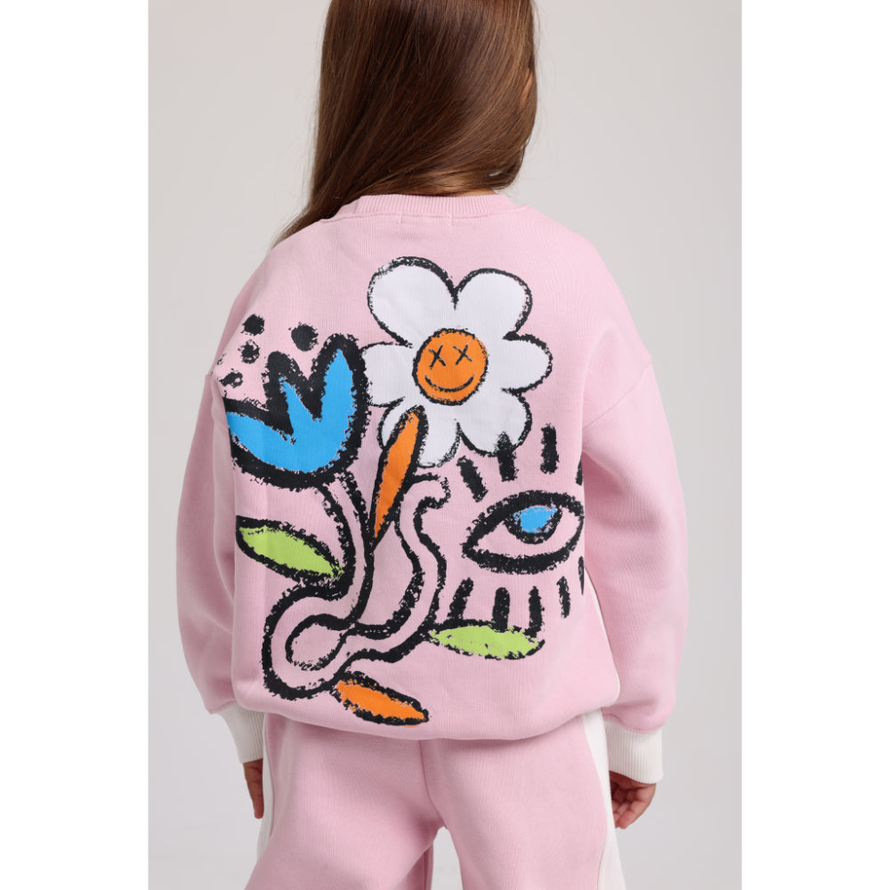 Girls Cotton Sweatshirt – Off-White & Pink with Flowers Print