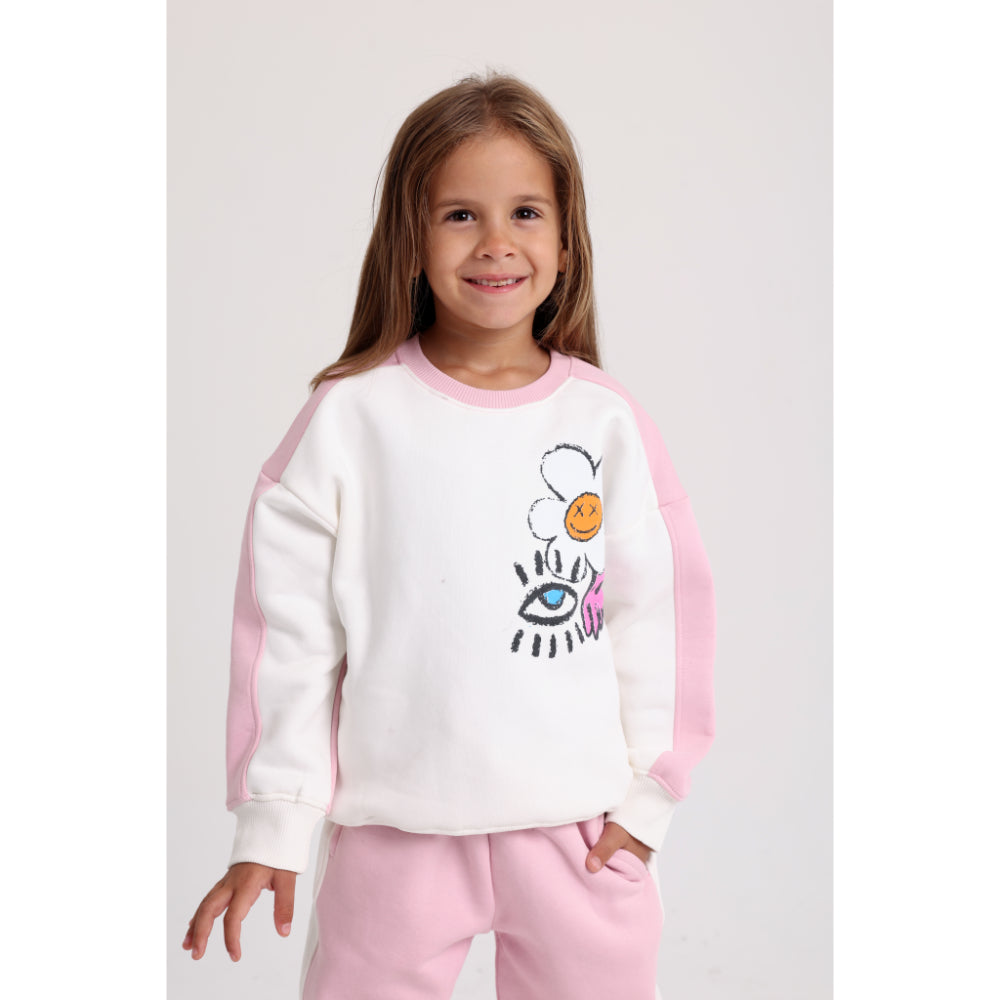Girls Cotton Sweatshirt – Off-White & Pink with Flowers Print - Clothing - Playmore