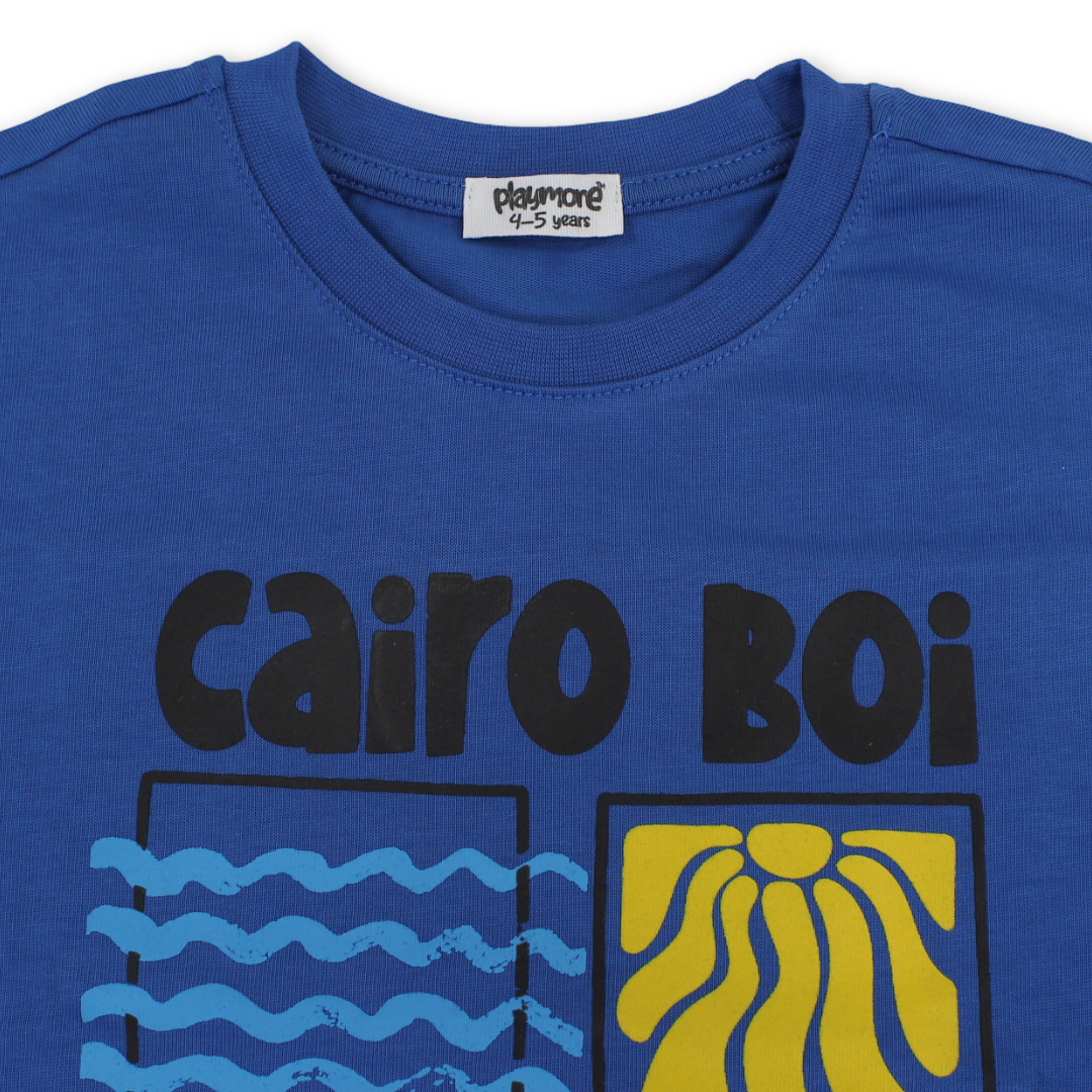 تي شيرت قطني للأولاد – أزرق بطبعة "Cairo Boi"