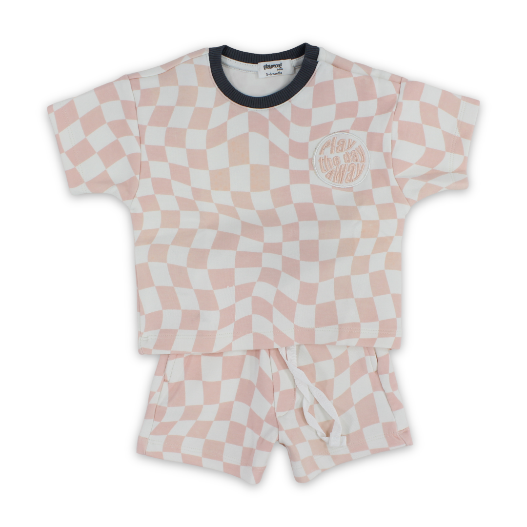 Baby Boys Cotton Outfit Set – Off-White & Salmon with "Play The Day Away" Embroidery