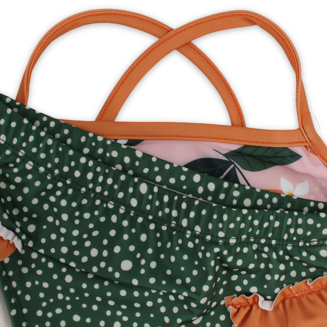 Girls 2-Piece Swimsuit – Dusty Pink & Olive – Orange Print