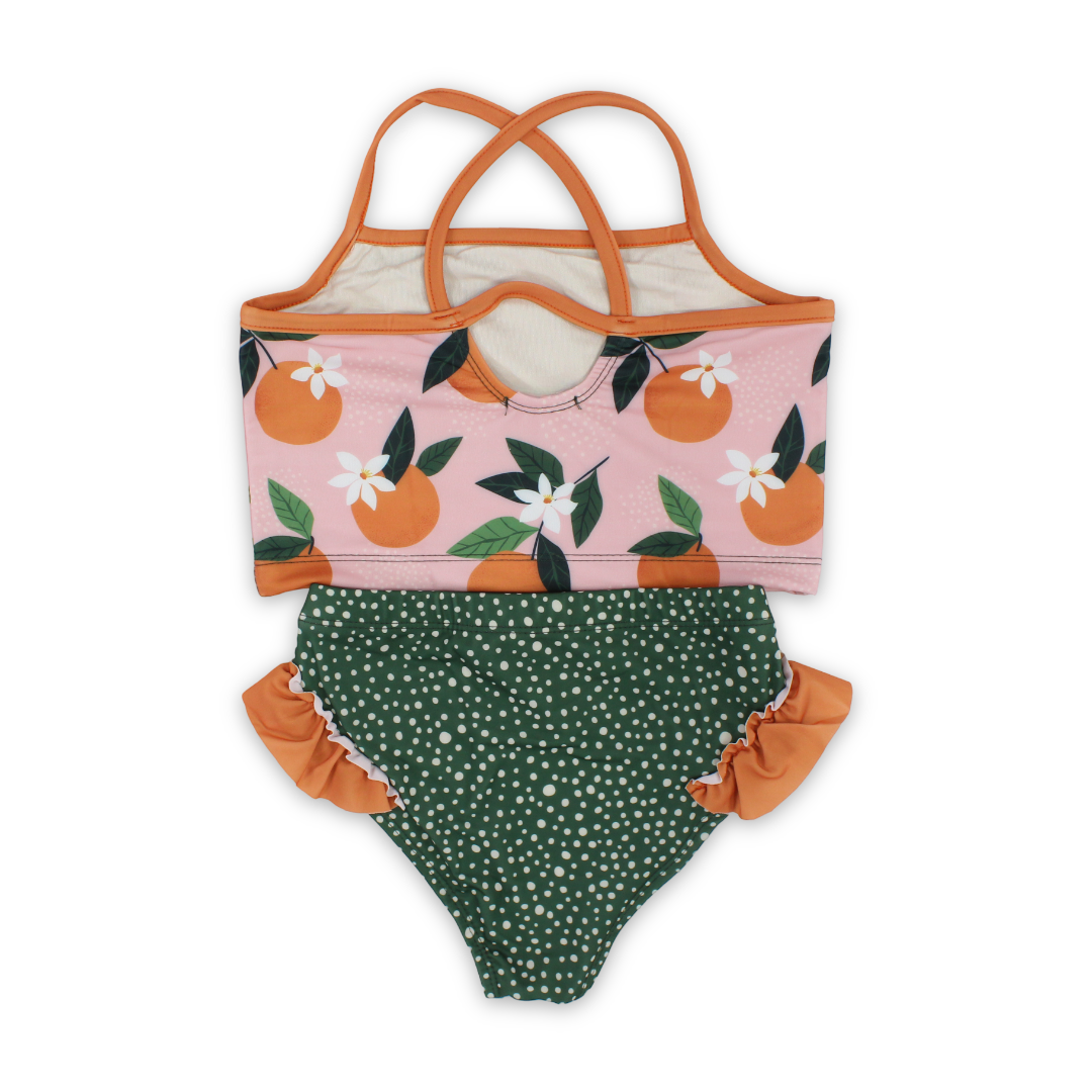Girls 2-Piece Swimsuit – Dusty Pink & Olive – Orange Print
