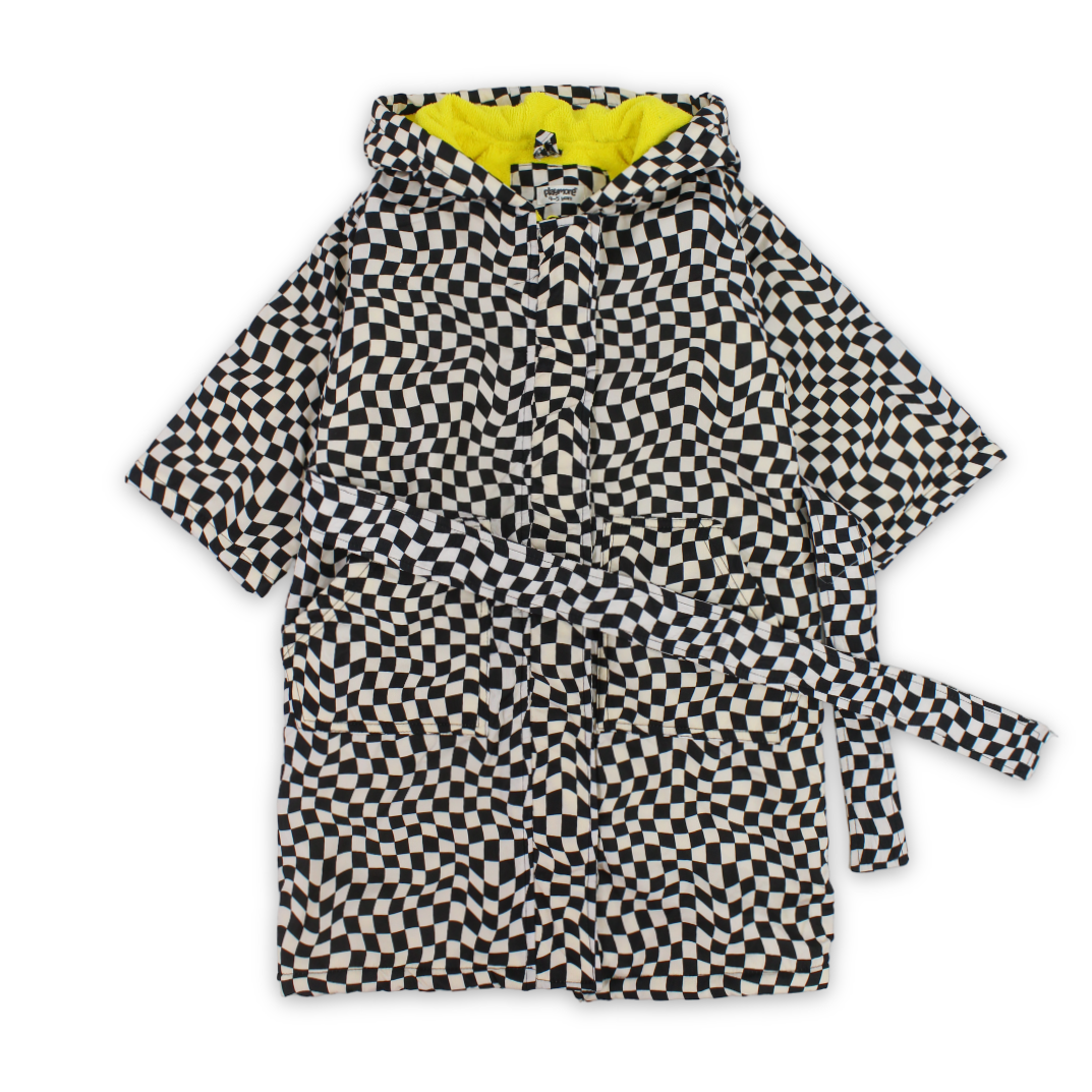 Boys Waterproof Swim Robe – Black & White with Squares Print